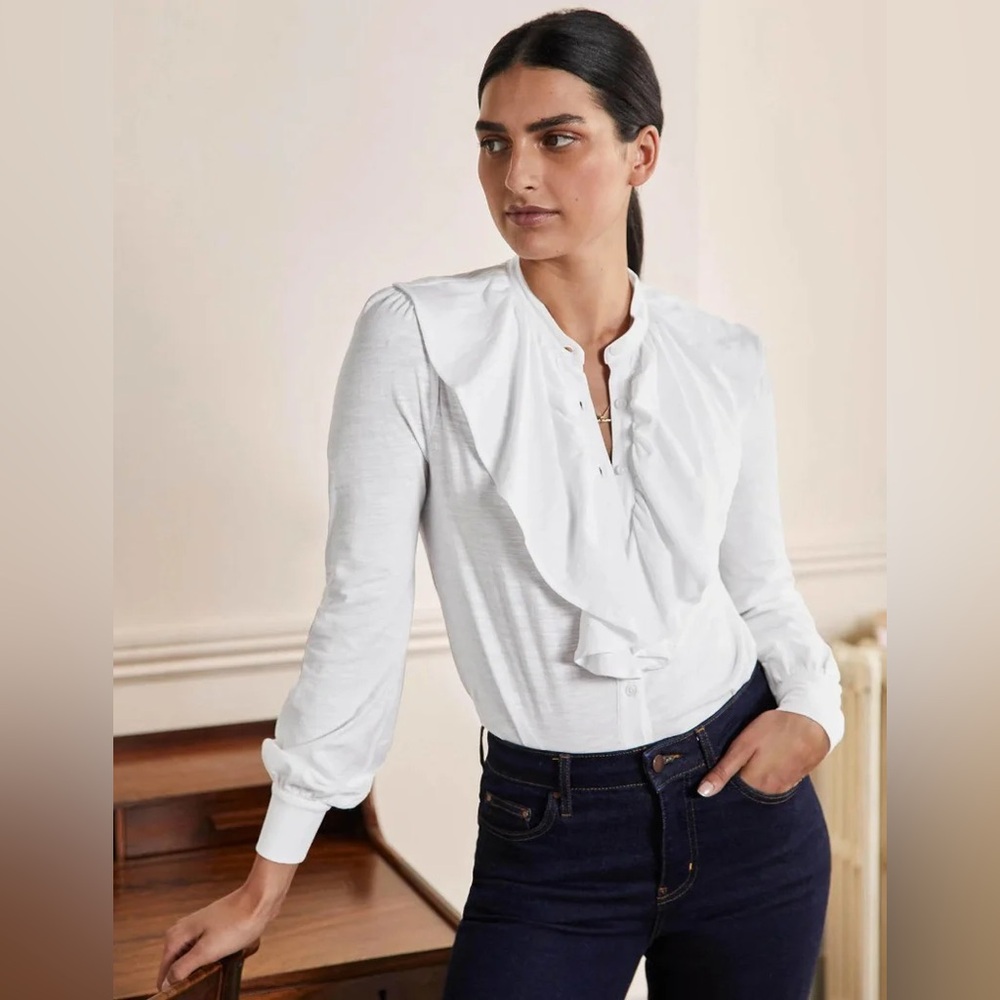 BODEN Ruffle Front Jersey White Shirt Size UK 22R / US 20/22R